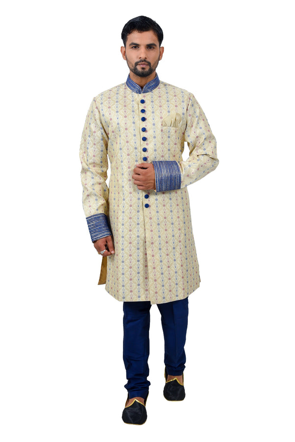 Cream Zari Brocade Silk Traditional Indian Wedding Indo-Western Sherwani for Men