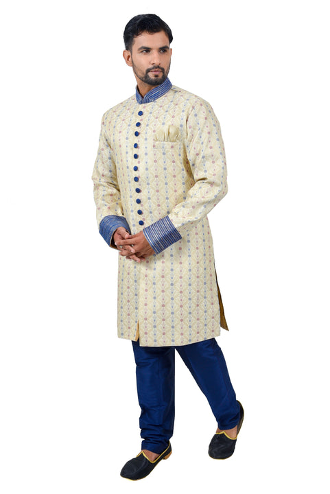 Cream Zari Brocade Silk Traditional Indian Wedding Indo-Western Sherwani for Men