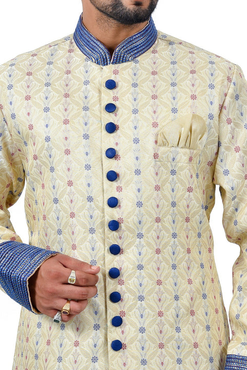 Cream Zari Brocade Silk Traditional Indian Wedding Indo-Western Sherwani for Men