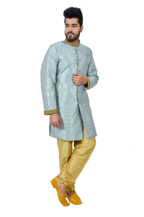 Multi Satan Tehra Brocade Silk Traditional Indian Wedding Indo-Western Sherwani for Men