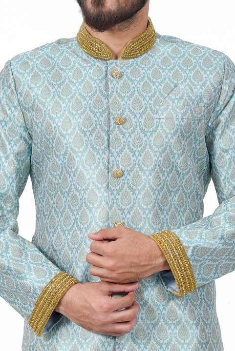 Multi Satan Tehra Brocade Silk Traditional Indian Wedding Indo-Western Sherwani for Men