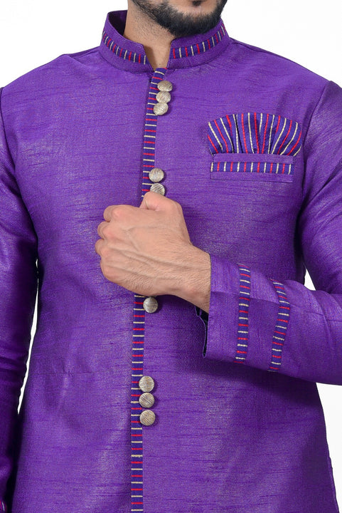 Dark Violet Silk Traditional Indian Wedding Indo-Western Sherwani for Men