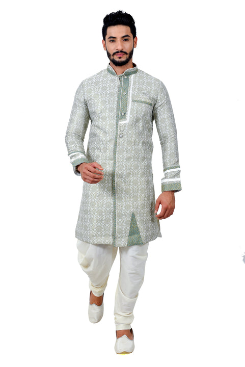 Sea Green Cotton Brocade Silk Traditional Indian Wedding Indo-Western Sherwani for Men