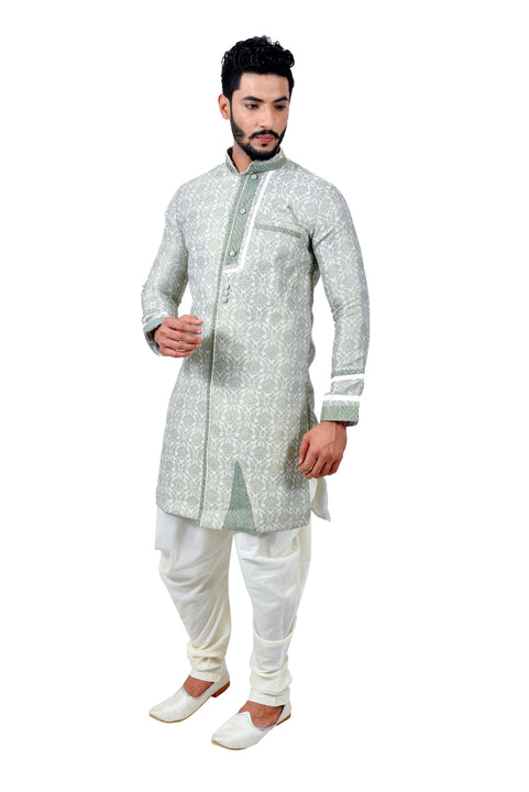 Sea Green Cotton Brocade Silk Traditional Indian Wedding Indo-Western Sherwani for Men