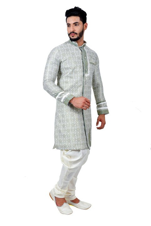 Sea Green Cotton Brocade Silk Traditional Indian Wedding Indo-Western Sherwani for Men