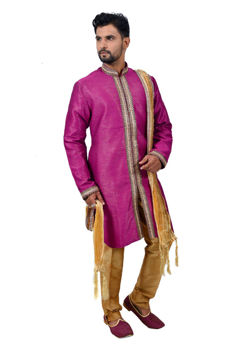 Neonpurple Silk Traditional Indian Wedding Indo-Western Sherwani for Men