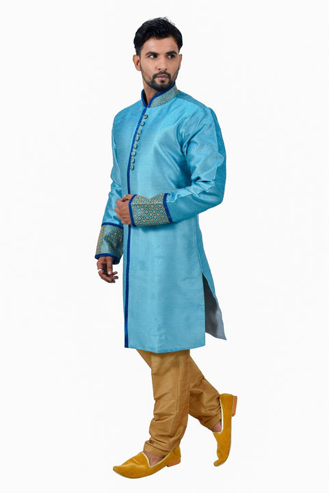 Peacockblue Silk Traditional Indian Wedding Indo-Western Sherwani for Men