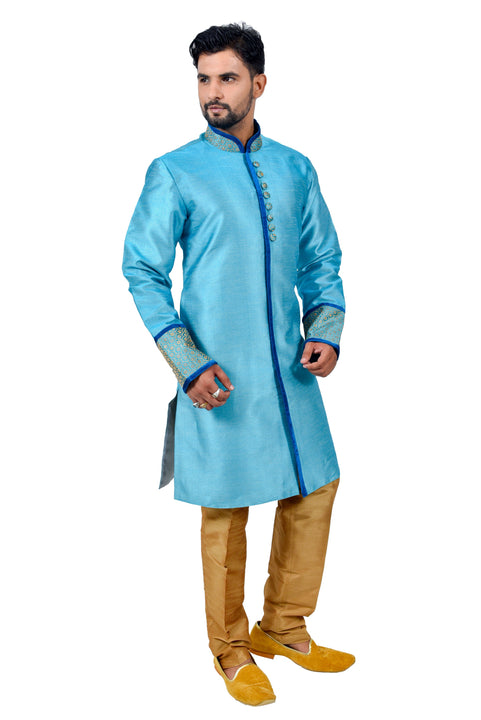 Peacockblue Silk Traditional Indian Wedding Indo-Western Sherwani for Men