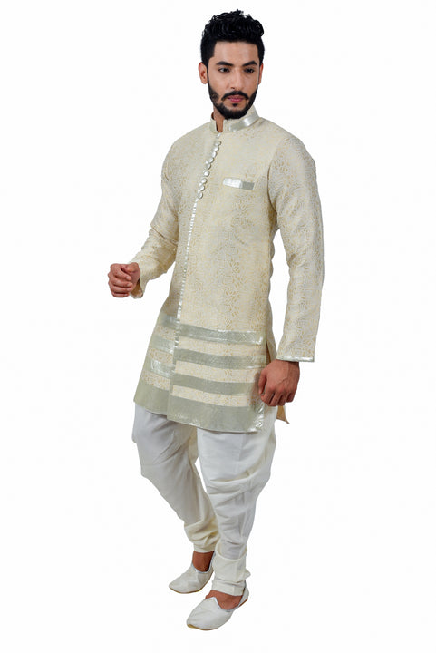 Cream Cotton Brocade Silk Traditional Indian Wedding Indo-Western Sherwani for Men