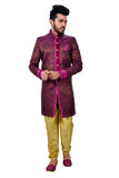 Neon Purple Zari Brocade Silk Traditional Indian Wedding Indo-Western Sherwani for Men