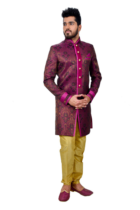 Neon Purple Zari Brocade Silk Traditional Indian Wedding Indo-Western Sherwani for Men