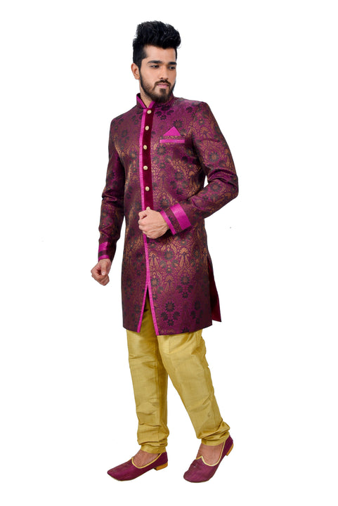 Neon Purple Zari Brocade Silk Traditional Indian Wedding Indo-Western Sherwani for Men