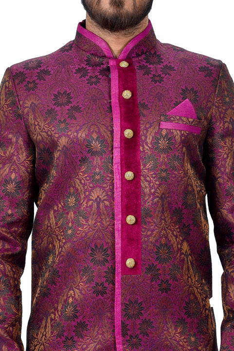 Neon Purple Zari Brocade Silk Traditional Indian Wedding Indo-Western Sherwani for Men