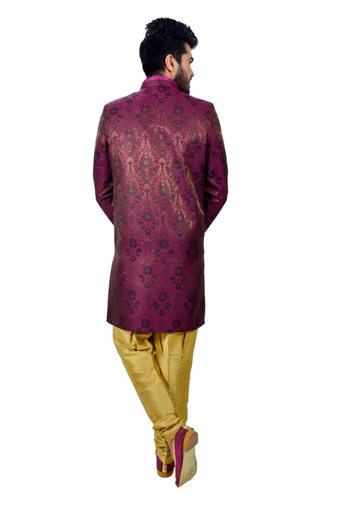 Neon Purple Zari Brocade Silk Traditional Indian Wedding Indo-Western Sherwani for Men