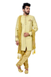 Buff Zari Brocade Silk Traditional Indian Wedding Indo-Western Sherwani for Men