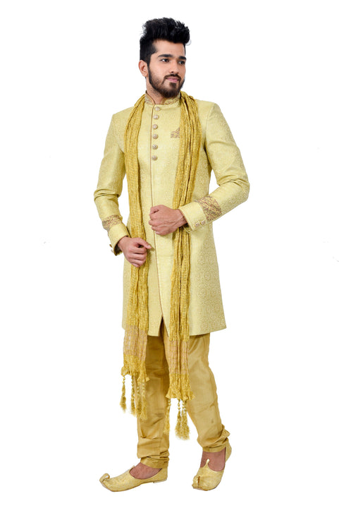 Buff Zari Brocade Silk Traditional Indian Wedding Indo-Western Sherwani for Men