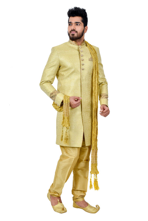 Buff Zari Brocade Silk Traditional Indian Wedding Indo-Western Sherwani for Men