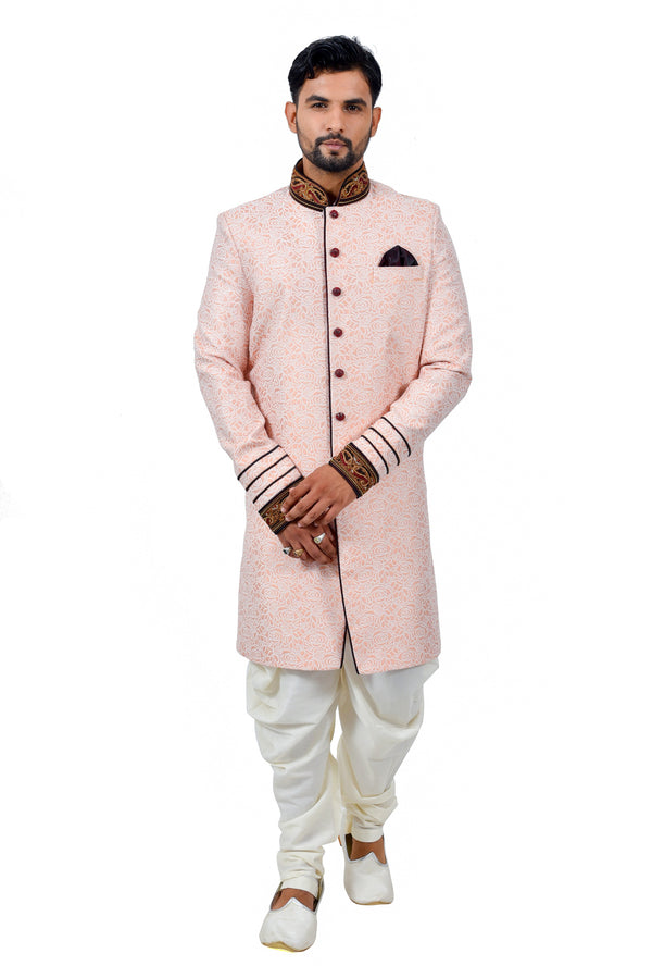 Salmon Cotton Brocade Silk Traditional Indian Wedding Indo-Western Sherwani for Men
