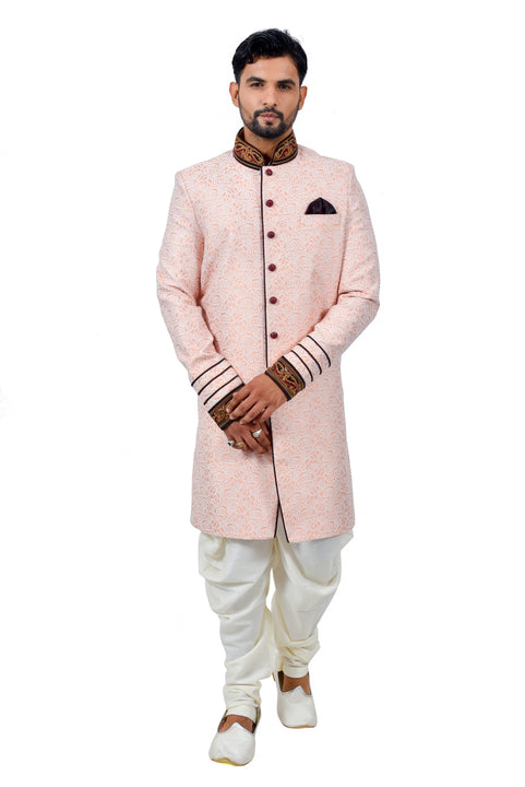 Salmon Cotton Brocade Silk Traditional Indian Wedding Indo-Western Sherwani for Men