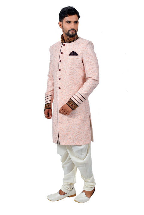 Salmon Cotton Brocade Silk Traditional Indian Wedding Indo-Western Sherwani for Men