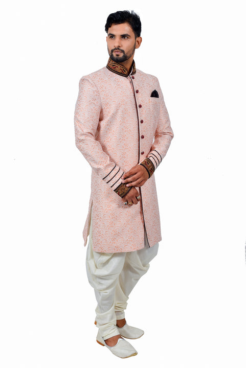 Salmon Cotton Brocade Silk Traditional Indian Wedding Indo-Western Sherwani for Men