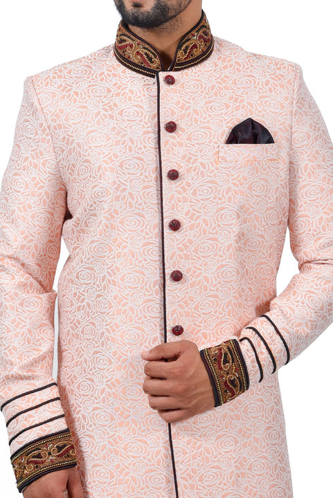 Salmon Cotton Brocade Silk Traditional Indian Wedding Indo-Western Sherwani for Men