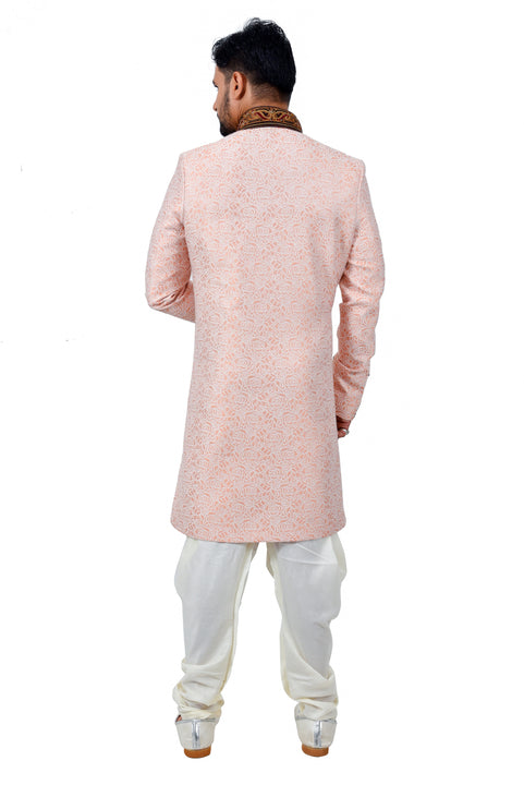 Salmon Cotton Brocade Silk Traditional Indian Wedding Indo-Western Sherwani for Men