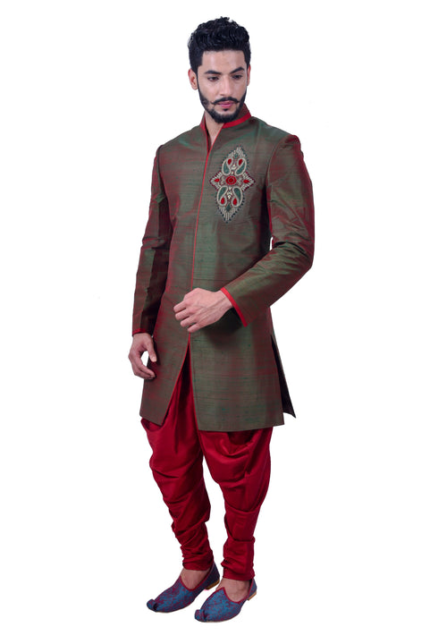 Deep Jungle Green Silk Traditional Indian Wedding Indo-Western Sherwani for Men
