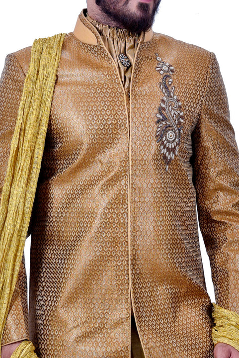 Gold Zari Brocade Silk Traditional Indian Wedding Indo-Western Sherwani for Men