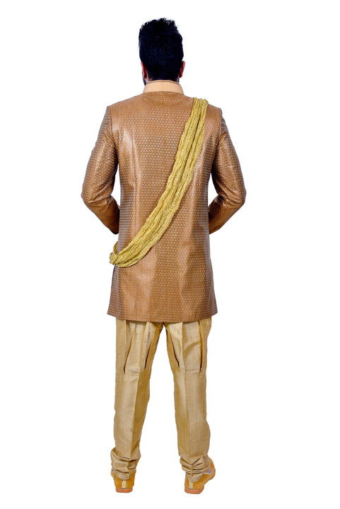 Gold Zari Brocade Silk Traditional Indian Wedding Indo-Western Sherwani for Men