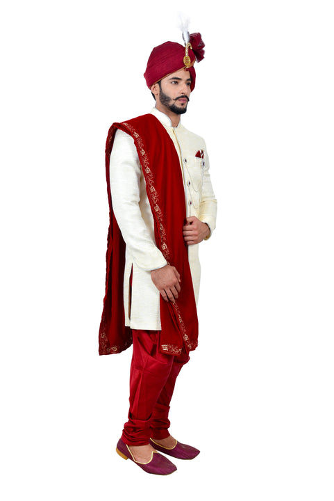 Cream Silk Traditional Indian Wedding Indo-Western Sherwani for Men