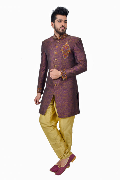 Neon Purple Zari Brocade Silk Traditional Indian Wedding Indo-Western Sherwani for Men