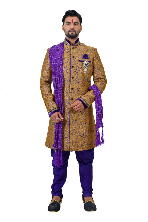 Camel Juti Brocade Silk Traditional Indian Wedding Indo-Western Sherwani for Men