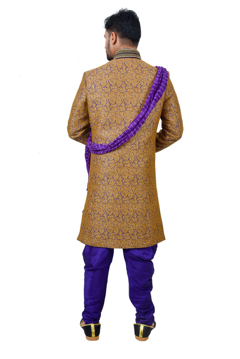 Camel Juti Brocade Silk Traditional Indian Wedding Indo-Western Sherwani for Men
