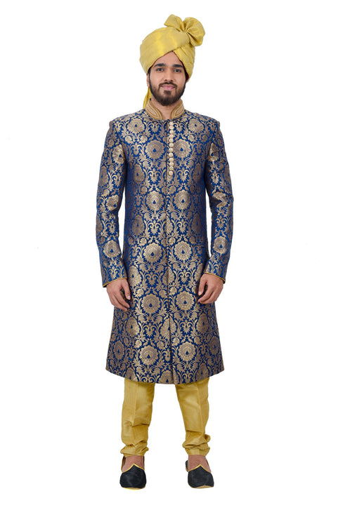 Blue Kinkhab Brocade Silk Traditional Indian Wedding Indo-Western Sherwani for Men