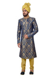 Blue Kinkhab Brocade Silk Traditional Indian Wedding Indo-Western Sherwani for Men