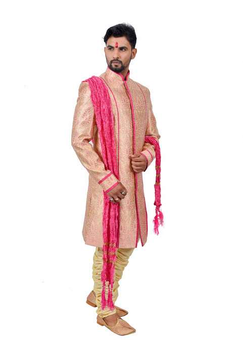 Multi Fancy Tehra Brocade Silk Traditional Indian Wedding Indo-Western Sherwani for Men