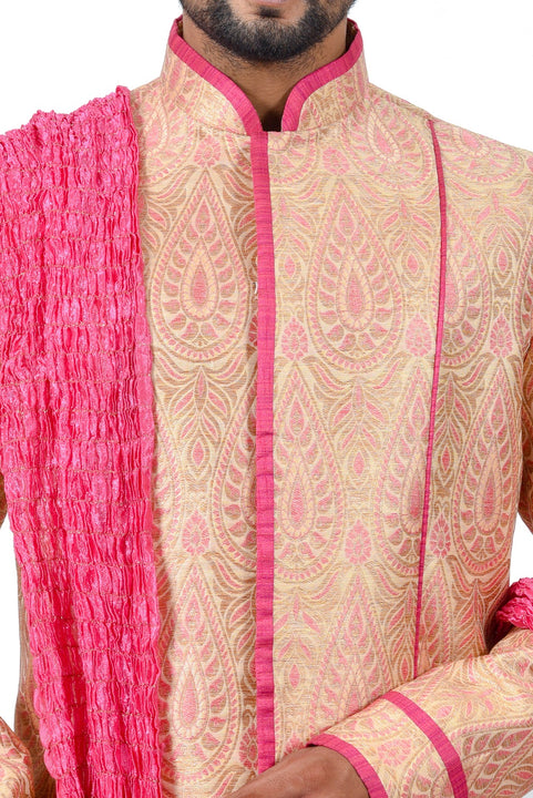 Multi Fancy Tehra Brocade Silk Traditional Indian Wedding Indo-Western Sherwani for Men