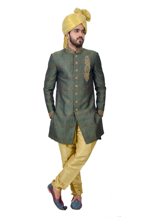 Deep Jungle Green Zari Brocade Silk Traditional Indian Wedding Indo-Western Sherwani for Men