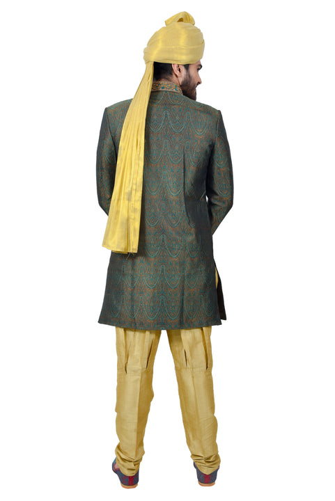 Deep Jungle Green Zari Brocade Silk Traditional Indian Wedding Indo-Western Sherwani for Men