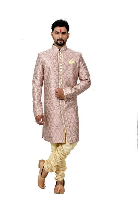 Multi Dupiondohra Brocade Silk Traditional Indian Wedding Indo-Western Sherwani for Men