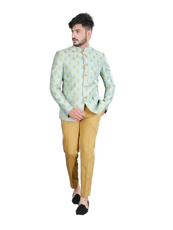 Elegant Sea Foam Silk Jodhpuri Printed Wedding Indian Suit Set For Men - RK3082SNT