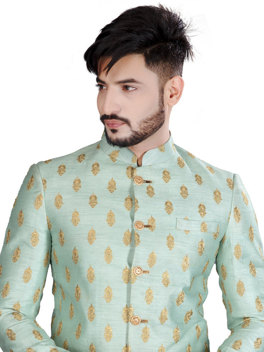 Elegant Sea Foam Silk Jodhpuri Printed Wedding Indian Suit Set For Men - RK3082SNT