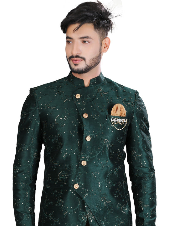 Polished Bottle Green And Gold Silk Wedding Jodhpuri Printed Indian Suit Set For Men - RK3083SNT