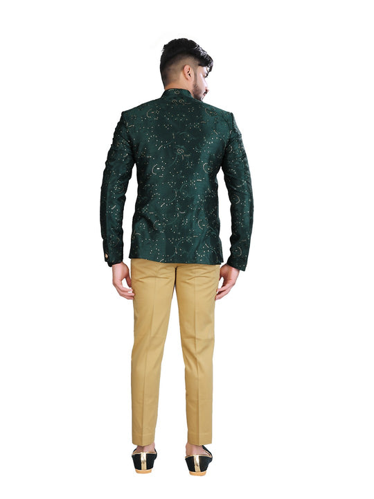 Polished Bottle Green And Gold Silk Wedding Jodhpuri Printed Indian Suit Set For Men - RK3083SNT