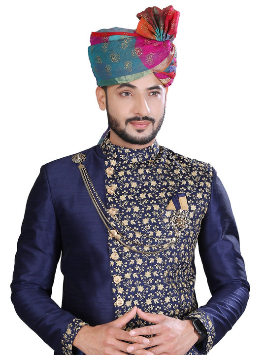 Majestic Look Navy Blue Wedding Jodhpuri Printed Indian Suit Set For Men - RK3084SNT