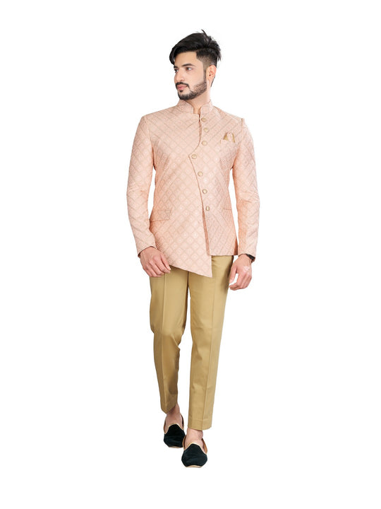 Pristine Peach Wedding Jodhpuri Printed Indian Suit Set For Men - RK3085SNT