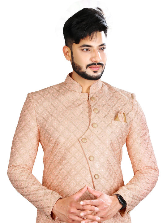 Pristine Peach Wedding Jodhpuri Printed Indian Suit Set For Men - RK3085SNT