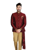 Royal Maroon Silk Side Draped Designer Look Wedding Jodhpuri Printed Indian Suit Set For Men - RK3086SNT