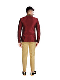 Royal Maroon Silk Side Draped Designer Look Wedding Jodhpuri Printed Indian Suit Set For Men - RK3086SNT